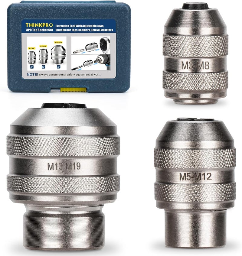 Thinkpro 3 Piece Tap Socket Set for Ratchet Wrench - 1/4" 3/8" 1/2" Drive, Fits Taps, Reamers, Extractors with Square Shank (M3-M19)​,Cr-Mo Steel - Image 1